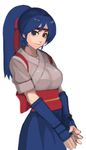  blue_eyes blue_hair blue_hakama breasts dougi elbow_gloves fingerless_gloves gloves hakama headband japanese_clothes long_hair lowres medium_breasts obi ponytail ryuuko_no_ken sash solo steward_b the_king_of_fighters toudou_kasumi 