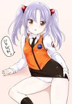  black_legwear blush brown_eyes cameltoe highres hoshino_ruri kidou_senkan_nadesico long_hair long_sleeves necktie panties pencil_skirt petite purple_hair skirt solo twintails underwear uniform white_panties yukiu_kon 