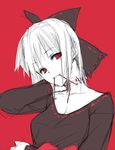  bow hair_bow kurokuro looking_at_viewer mouth_hold red_background red_eyes ribbon sekibanki shirt short_hair simple_background sketch solo touhou upper_body 