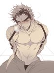  blue_eyes heavy_breathing jewelry jojo_no_kimyou_na_bouken joseph_joestar_(young) male_focus naughty_face necklace nipples open_clothes open_shirt restrained s_gentian shirt solo spot_color sweat unbuttoned 