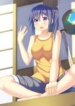  barefoot blush hot indian_style legs masa_(masa08) original purple_eyes purple_hair shinai short_hair shorts side_ponytail sitting solo sword weapon 