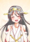  :d ^_^ black_hair closed_eyes detached_sleeves hairband haruna_(kantai_collection) kantai_collection long_hair nontraditional_miko open_mouth smile solo takorice upper_body 