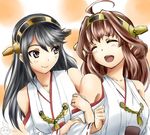  2girls ahoge bare_shoulders black_hair brown_hair closed_eyes detached_sleeves glasses hair_ornament hairband haruna_(kantai_collection) headgear ishii_hisao japanese_clothes kantai_collection kongou_(kantai_collection) long_hair multiple_girls open_mouth smile 