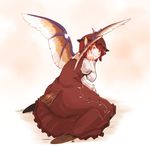  animal_ears brown_dress dress full_body hand_on_own_face hat looking_back mystia_lorelei nawo_(peace) pink_hair red_hair sitting solo tail touhou wariza wings 