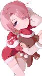  1girl arimura_mao blue_eyes blush commentary_request feet_out_of_frame gakuen_idolmaster hat highres idolmaster looking_at_viewer monemasu pink_hair santa_capelet santa_costume santa_hat short_hair simple_background smile solo stuffed_animal stuffed_toy teddy_bear thighhighs white_background white_thighhighs 