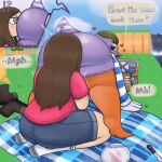 2025 anatid animal_crossing anseriform anthro avian bb_(nocheeseburger) big_butt bird bottomless bottomwear brown_hair butt clothed clothing dialogue digital_media_(artwork) duck duo exclamation_point face_in_ass facesitting female female/female hair half-closed_eyes heart_symbol human looking_back mallary_(animal_crossing) mammal narrowed_eyes nintendo nocheeseburger outside purple_body question_mark short_stack sitting_on_another speech_bubble standing_on_toes surprised text thick_thighs topwear wide_hips