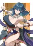  1girl alternate_costume ancient_greek_clothes armlet armpits bare_arms blue_eyes blue_hair bracelet breasts cleavage dancer dancer_(fire_emblem:_three_houses) dancing dress female_byleth_(fire_emblem) fire_emblem fire_emblem:_three_houses greco-roman_clothes highres jewelry large_breasts looking_at_viewer neck_ring necklace outstretched_arm parted_lips pelvic_curtain solo thighs ushiomi 