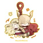  &gt;_&lt; 1boy 1girl androgynous armor blonde_hair brother_and_sister character_name chibi chibi_only cloak covered_eyes elden_ring gold_armor helmet helmet_over_eyes highres long_hair malenia_blade_of_miquella miquella_(elden_ring) parted_bangs red_cloak red_hair robe siblings white_background white_robe winged_helmet wintercoming42 