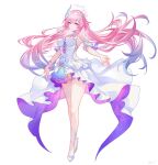  1girl absurdres bare_shoulders blue_hair breasts commentary cyrene_(honkai:_star_rail) cyrene_(ripples_of_past_reverie)_(honkai:_star_rail) dress flower full_body gradient_hair hair_between_eyes highres honkai:_star_rail honkai_(series) large_breasts long_hair looking_at_viewer multicolored_hair parted_lips pink_hair purple_eyes purple_flower simple_background sleeveless sleeveless_dress solo standing very_long_hair white_background white_dress yuuichi_yuiko 