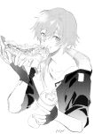  1boy caelus_(honkai:_star_rail) coat collarbone commentary_request cup disposable_cup drinking_straw eating fingerless_gloves fingernails food food_on_face gloves greyscale hair_between_eyes hands_up holding holding_cup holding_food honkai:_star_rail honkai_(series) hood hooded_coat hot_dog lapels long_sleeves looking_at_viewer male_focus monochrome noname_el51 open_clothes open_coat shirt short_hair signature simple_background solo t-shirt trailblazer_(honkai:_star_rail) two-sided_coat two-sided_fabric upper_body 