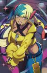  1girl absurdres aqua_hair bandeau black_pants blonde_hair blue_eyes blue_pants breasts canari_(pokemon) cleavage dark-skinned_female dark_skin eelektross gradient_eyes grin highres holding holding_poke_ball large_breasts midriff multicolored_eyes multicolored_hair pants poke_ball pokemon pokemon_(creature) pokemon_legends:_z-a ryairyai smile split-color_hair two-tone_pants yellow_bandeau yellow_eyes zipper_pull_tab 