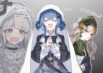 3girls :d absurdres black_capelet blonde_hair blue_hair blue_skirt braid braided_hair_rings capelet closed_eyes commentary_request cowboy_shot flower green_capelet green_eyes grey_background grey_vest hair_rings hands_up highres hikami_meruru itame_moyashi lolita_fashion long_hair long_sleeves looking_at_another mahou_shoujo_no_majo_saiban multiple_girls open_mouth own_hands_together priestess rose shirt short_hair skirt smile tachibana_sherry tearing_up tono_hanna translation_request twintails veil vest white_shirt white_veil yellow_flower yellow_rose 