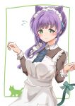  1girl alternate_costume animal_ears apron border bow breasts cat_ears cat_tail closed_mouth commentary_request corocoro567 cowboy_shot flying_sweatdrops frilled_apron frills green_border highres inset_border link!_like!_love_live! long_hair looking_at_viewer love_live! maid maid_apron maid_headdress medium_breasts nyan_nyan_nyan_fair_in_gamers otomune_kozue purple_hair raised_inner_eyebrows side_ponytail simple_background smile solo split_mouth tail tail_bow tail_ornament virtual_youtuber white_apron white_background 