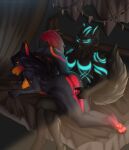 4_toes absurd_res accessory albtraumwach anthro bed black_hair black_nipples black_nose black_sclera black_vulva blue_claws blue_eyes blue_markings bone breasts canid canine canis cheek_tuft claws dragon duo facial_tuft feet female fisting fisting_partner fluffy fluffy_tail fur furniture genitals glowing glowing_markings hair hi_res hybrid kasandra male male/female mammal markings multicolored_body multicolored_fur mythological_creature mythological_scalie mythology nipples nova_(disambiguation) pawpads penetration pink_pawpads scalie sex tail toes tuft vaginal vaginal_penetration vulva wolf yellow_eyes