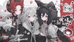  3girls :o absurdres animal_ear_fluff animal_ears animal_hands black_gloves black_hair black_jacket blue_eyes bone_hair_ornament cat_ears cat_girl chibi chibi_inset claws closed_mouth dog_ears dog_girl double-parted_bangs fang gloves green_eyes grey_hair hair_between_eyes hair_ornament happy_birthday heterochromia highres jacket long_hair long_sleeves looking_at_viewer mihuashi_45182 multiple_girls open_clothes open_jacket open_mouth original paw_gloves red_hair shirt short_hair short_sleeves star_(symbol) upper_body white_background white_shirt yellow_eyes 