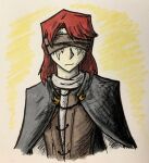  1girl blind blindfold cape catcas22 elden_ring expressionless fromsoftware highres mary_eldest_sister medium_hair outline portrait red_hair robe simple_background solo solo_focus toon_(style) traditional_media white_background 