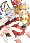  1girl ascot blonde_hair crystal crystal_wings flandre_scarlet hat hat_ribbon highres mob_cap multicolored_wings one_side_up open_mouth red_eyes red_skirt red_vest ribbon short_hair side_ponytail skirt skirt_set teeth touhou tungsten_mochoo upper_teeth_only vest white_hat wings yellow_ascot 