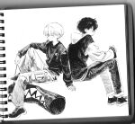  2boys black_shirt black_shoes cargo_pants eve_(musician) fuchi_sunao greyscale highres hood hood_down hooded_jacket jacket long_sleeves monochrome multiple_boys otogiri_tobi pants shirt shoes sitting sneakers traditional_media yasui_marie 