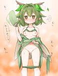  1girl absurdres blush bra bra_lift breasts clothes_lift collarbone green_bra green_hair green_panties hand_fan highres kinomiki_nobori leaf navel nipples original panties pointy_ears small_breasts solo sweat underwear 