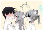  1boy 1girl absurdres anger_vein animal_ear_fluff animal_ears b.t._(boob_tong) black_hair black_halo blue_archive blue_halo blush broken_halo cross cross_hair_ornament dark_halo extra_ears faceless faceless_male from_below grey_hair hair_ornament halo highres inverted_cross kiss looking_at_another medium_hair no_eyes partially_shaded_face ponytail sandwiched sensei_(blue_archive) shiroko_(blue_archive) shiroko_terror_(blue_archive) short_ponytail upper_body wolf_ears wolf_girl 