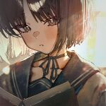  1girl betabeet black_eyes black_hair blue_archive blue_choker blue_sailor_collar blush book choker highres holding holding_book kikyou_(blue_archive) looking_at_viewer parted_bangs parted_lips sailor_collar shirt short_hair solo white_shirt 
