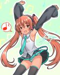  1girl absurdres bare_shoulders black_thighhighs blush breasts brown_eyes brown_hair cosplay dark-skinned_female dark_skin detached_sleeves fang furaggu_(frag_0416) green_background green_panties grey_shirt hair_ornament hair_ribbon hatsune_miku hatsune_miku_(cosplay) headset highres kantai_collection libeccio_(kancolle) long_hair looking_at_viewer necktie open_mouth panties pleated_skirt ribbon shirt skirt sleeveless sleeveless_shirt smile solo thighhighs twintails underwear very_long_hair white_panties 