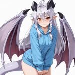  1girl ahoge ai-generated black_horns blue_hoodie blush braid closed_mouth collarbone cowboy_shot demon_girl demon_horns demon_wings drawstring embarrassed grey_hair hair_between_eyes hood hood_down hoodie hoodie_tug horns lilim_(monster_girl_encyclopedia) long_hair long_sleeves looking_at_viewer monster_girl_encyclopedia no_pants non-web_source orange_eyes pointy_ears shirt_tug shy simple_background single_braid solo standing sweatdrop tail white_background wings 