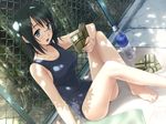  barefoot black_hair book chain-link_fence dappled_sunlight dutch_angle feet fence game_cg glasses green_eyes hashimoto_takashi long_legs one-piece_swimsuit open_mouth reading school_swimsuit short_hair sitting smile solo sunlight swimsuit towel yorihime_nao yosuga_no_sora 