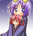  :3 bear_yutaka blue_eyes chibi hiiragi_tsukasa kobayakawa_yutaka lucky_star minami_(colorful_palette) multiple_girls purple_hair red_hair short_hair 