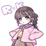  1girl animification black_hair black_ribbon brown_dress commentary deformed dress grey_eyes hair_ribbon hasu_no_sora_school_uniform hood hooded_jacket jacket kurusu_rin link!_like!_love_live! lips long_sleeves looking_at_viewer love_live! mole mole_under_eye multi-tied_hair neckerchief open_clothes open_jacket pink_jacket pleated_dress ponytail real_life ribbon sailor_collar sailor_dress school_uniform shinanoya_(satanicad) shirt simple_background sleeves_past_wrists solo standing symbol-only_commentary voice_actor white_background white_sailor_collar white_shirt winter_uniform yellow_neckerchief 