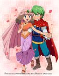  1boy 1girl absurdres artist_name blue_eyes blue_pants boots brown_boots brown_hair cape dancing drew_(pokemon) green_eyes green_hair highres holding_hands jewelry looking_at_another may_(contest)_(pokemon) may_(pokemon) miyuki_tsukiyono necklace open_mouth pants petals pink_background pink_skirt pokemon pokemon_(anime) pokemon_rse_(anime) princess_outfit red_cape sandals simple_background skirt smile tiara veil 