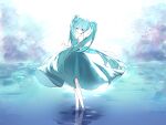  1girl aqua_eyes aqua_hair backlighting bare_arms bare_shoulders black_dress bush chinese_commentary circon closed_mouth commentary_request day dress expressionless full_body hair_between_eyes hatsune_miku highres long_hair looking_at_viewer medium_dress ocean outdoors pleated_dress reflection reflective_liquid shadow shinkai_shoujo_(vocaloid) sky sleeveless sleeveless_dress solo spaghetti_strap tareme twintails very_long_hair vocaloid wading wavy_hair white_sky 