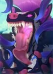 absurd_res anthro bodily_fluids claws eldritch_being fur glass glowing_throat hi_res hyena licking_glass long_tongue looking_at_viewer magenta_hair male mammal mohawk mouth_shot open_mouth pink_eyes predator/prey pupils purple_body purple_fur purple_sclera saliva seregore showing_teeth simple_background slit_pupils solo teeth tentacles tongue tongue_out tsaveen_(sanitala) white_body white_fur