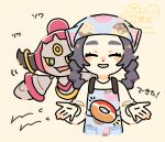  1girl ansha_(pokemon) apron black_hair blue_apron closed_eyes commentary_request donut eyelashes facing_viewer food grin happy headscarf highres hoopa hoopa_(confined) long_hair long_sleeves machamonaco notice_lines pokemon pokemon_(creature) pokemon_legends:_z-a print_apron shirt smile teeth 