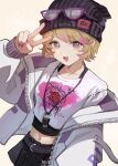  1girl :d beanie black_skirt blonde_hair colored_tips crop_top eyewear_on_headwear glasses hanaochi_pic hat highres identity_v jacket jewelry looking_at_viewer multicolored_hair navel official_alternate_costume pendant purple-framed_eyewear purple_eyes purple_hair purple_nails short_hair skirt smile tracy_reznik tracy_reznik_(blk.tracy) v white_jacket 