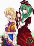  arm_warmers asamori blonde_hair closed_eyes dress flower front_ponytail green_eyes green_hair hairdressing half_updo kagiyama_hina mizuhashi_parsee multiple_girls pointy_ears ribbon sitting touhou 