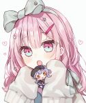  1girl :o flower hair_flower hair_ornament hair_ribbon hairband hairclip hiiragi_yuka_(niconico) ichigoprin15 indie_virtual_youtuber looking_at_viewer mahou_shoujo_no_majo_saiban open_mouth pink_eyes pink_hair ribbon simple_background sleeves_past_fingers sleeves_past_wrists solo sweater tachibana_sherry voice_actor_connection white_background white_hairband white_sweater 