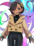  1girl :d black_bodysuit black_gloves black_hair blue_eyes bodysuit bodysuit_under_clothes brown_jacket commentary_request covered_collarbone cowboy_shot emma_(pokemon) eyelashes gloves happy highres jacket long_sleeves looking_at_viewer malamar mega_malamar open_mouth pokemon pokemon_(creature) pokemon_legends:_z-a ring_hair_ornament short_hair smile sori_(pstr5785) white_background 