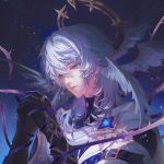  1boy arm_belt belt belt_buckle black_belt black_gloves black_shirt brooch buckle chinese_commentary commentary_request crying crying_with_eyes_open eyelashes feathered_wings gloves gold_buckle gold_ring grey_hair grey_wings hair_between_eyes halo head_wings hei_yu highres honkai:_star_rail honkai_(series) jewelry light_particles lips long_hair looking_at_hands male_focus multiple_wings night night_sky nostrils outdoors own_hands_clasped own_hands_together parted_lips pointy_nose sad shirt sky solo spiked_halo star_(sky) starry_sky streaming_tears sunday_(honkai:_star_rail) tears tunic turtleneck turtleneck_shirt upper_body white_tunic wings yellow_eyes yellow_halo 