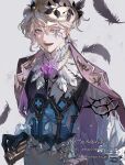 1boy bishounen black_feathers black_gloves blonde_hair blue_eyes chain chain_necklace falling_feathers fang feathers gloves gold_chain gold_trim half-closed_eye hanaochi_pic heterochromia highres hollow_body identity_v jacket jacket_on_shoulders jewelry laurel_crown looking_at_viewer luca_balsa luca_balsa_(fugue_for_dawn) male_focus necklace official_alternate_costume puffy_sleeves purple_jacket scar scar_on_face solo stitched_eye torn_clothes twitter_username upper_body watermark wavy_hair 