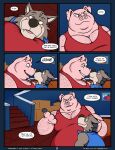 anthro arm_hair belly big_bad_wolf big_belly black_nose blue_clothing blue_topwear blue_vest blush bodily_fluids body_hair box canid canine canis cardboard cardboard_box chest_hair clothed clothed_anthro clothed_male clothing comic container dialogue domestic_pig duo english_text facial_hair fairy_tales fangs fully_clothed fully_clothed_anthro fully_clothed_male fur furniture grey_body grey_fur hairy hairy_man hi_res high-angle_view huge_belly huttsergreywolf larger_male long_snout low-angle_view male mammal musclegut muscular muscular_anthro muscular_arms muscular_male overweight overweight_anthro overweight_male pecs picture_frame pink_body red_clothing red_shirt red_tank_top red_topwear shirt shoulder_hair size_difference smile snout sofa speech_bubble stairs suid suine sus_(pig) sweat sweatdrop tall_male tank_top teeth text the_three_little_pigs topwear vest wolf