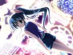  blue_hair clear dutch_angle game_cg green_eyes hair_ornament hairclip long_hair looking_back mitha motomachi_haruno neon_lights non-web_source ponytail solo 