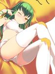  boots c.c. cheese-kun code_geass crossed_legs green_hair highres long_hair midriff one_eye_closed pizza_hut sitting solo thigh_boots thighhighs underwear uni yellow_eyes 