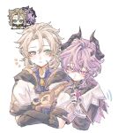  2boys albedo_(genshin_impact) black_gloves blonde_hair blue_eyes blush braid closed_mouth commentary crossed_bangs csye003 curtained_hair diamond_(shape) dragon_boy dragon_horns elbow_gloves gem genshin_impact gloves hair_between_eyes half_up_half_down_braid high_collar highres hood horns long_sleeves looking_at_viewer male_focus medium_hair mini_durin_(genshin_impact) mini_durin_(human)_(genshin_impact) multiple_boys open_mouth purple_eyes purple_hair reference_inset short_sleeves simple_background upper_body vision_(genshin_impact) white_background 