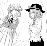  2girls black_hat black_skirt blonde_hair bow brown_hair buttons chinese_clothes collar greyscale hair_bow hat hat_bow highres kashiwada_kiiho long_sleeves looking_at_another maribel_hearn medium_hair mob_cap monochrome mountain multiple_girls retrospective_53_minutes ribbon shirt shirt_ribbon skirt touhou usami_renko white_collar white_hat white_shirt 