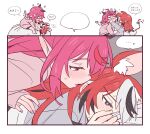  +_+ 2girls animal_ears black_streaks blue_eyes blush commentary_request fang grey_hoodie hakos_baelz hawaiian_shirt hololive hololive_english hood hoodie horns irys_(hololive) long_hair mouse_ears mouse_girl mouse_tail multiple_girls pink_eyes pink_hair pink_hoodie pink_nails pointy_ears ramphastostella red_hair shirt speech_bubble sweat tail translation_request white_streaks yuri 