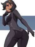 1girl ass black_bodysuit black_eyes black_hair blush bodysuit breasts commentary cowboy_shot dark-skinned_female dark_skin emma_(pokemon) english_commentary from_behind grin hair_ornament hand_up highres looking_at_viewer looking_back medium_breasts oninuer parted_bangs pokemon pokemon_legends:_z-a short_hair smile solo standing 