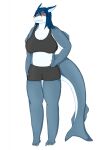 2020 anthro black_bottomwear black_bra black_clothing black_shorts black_sports_bra black_underwear blue_body blue_ears blue_hair blue_inner_ear blue_tail bottomwear bra breasts cel_shading clothing colored digital_media_(artwork) female fish grey_sclera hair hand_on_hip hand_on_own_hip hgh-pine hi_res looking_at_viewer marine multicolored_body red_eyes shaded shark sharp_teeth shorts simple_background solo sports_bra tail teeth three-quarter_view two_tone_body underwear white_background white_body