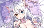  1girl :p animal_ear_fluff animal_ears antenna_hair bare_shoulders blue_eyes blush bow bowtie breasts candy cat_ears cat_girl cleavage closed_mouth commentary_request crossed_bangs food hair_intakes heterochromia holding holding_candy holding_food holding_lollipop large_breasts lollipop long_hair looking_at_viewer lying mauve on_back original pillow pink_bow pink_bowtie portrait solo striped_bow striped_bowtie striped_clothes tongue tongue_out white_hair wrist_cuffs yellow_eyes 
