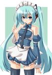  alternate_costume apron aqua_hair bare_shoulders detached_sleeves enmaided hatsune_miku kokorono_arika long_hair maid microphone necktie skirt solo thighhighs twintails very_long_hair vocaloid 